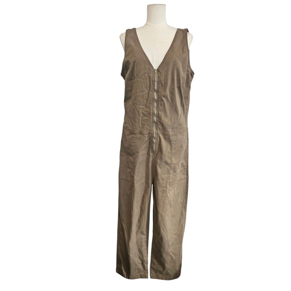 DU/ER Women Brown Sleeveless Zip Front Utility Jumpsuit XL Wide Leg Cotton Blend